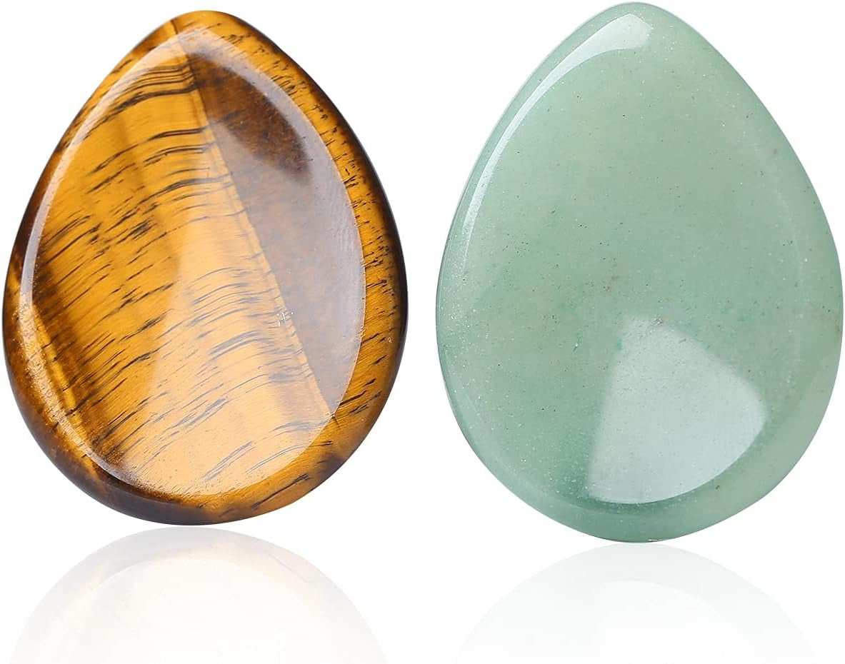 2 Piece Thumb Worry Stone Pocket Palm Stone Healing Crystals for Anxiety Relief Items Teardrop Shaped Smooth Stones (Green Aventurine and Tiger'S Eye)