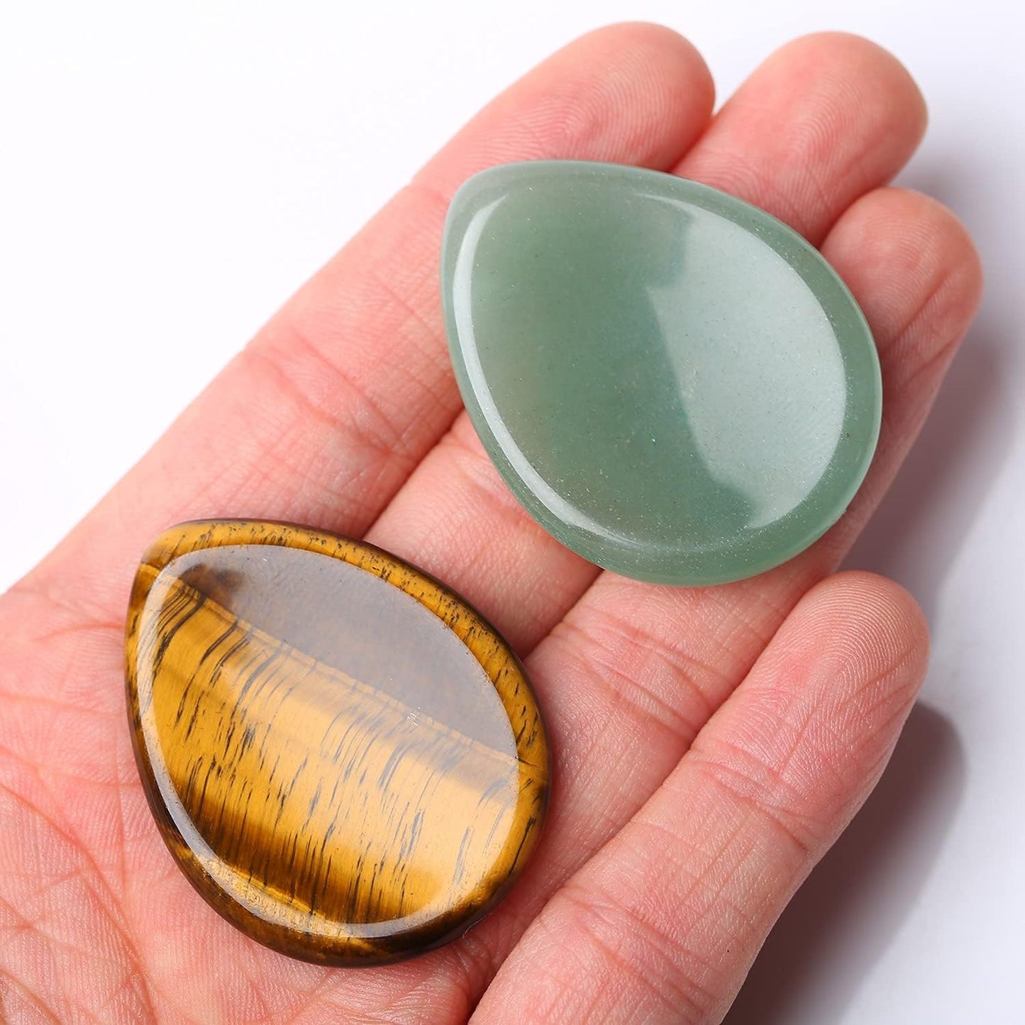 2 Piece Thumb Worry Stone Pocket Palm Stone Healing Crystals for Anxiety Relief Items Teardrop Shaped Smooth Stones (Green Aventurine and Tiger'S Eye)